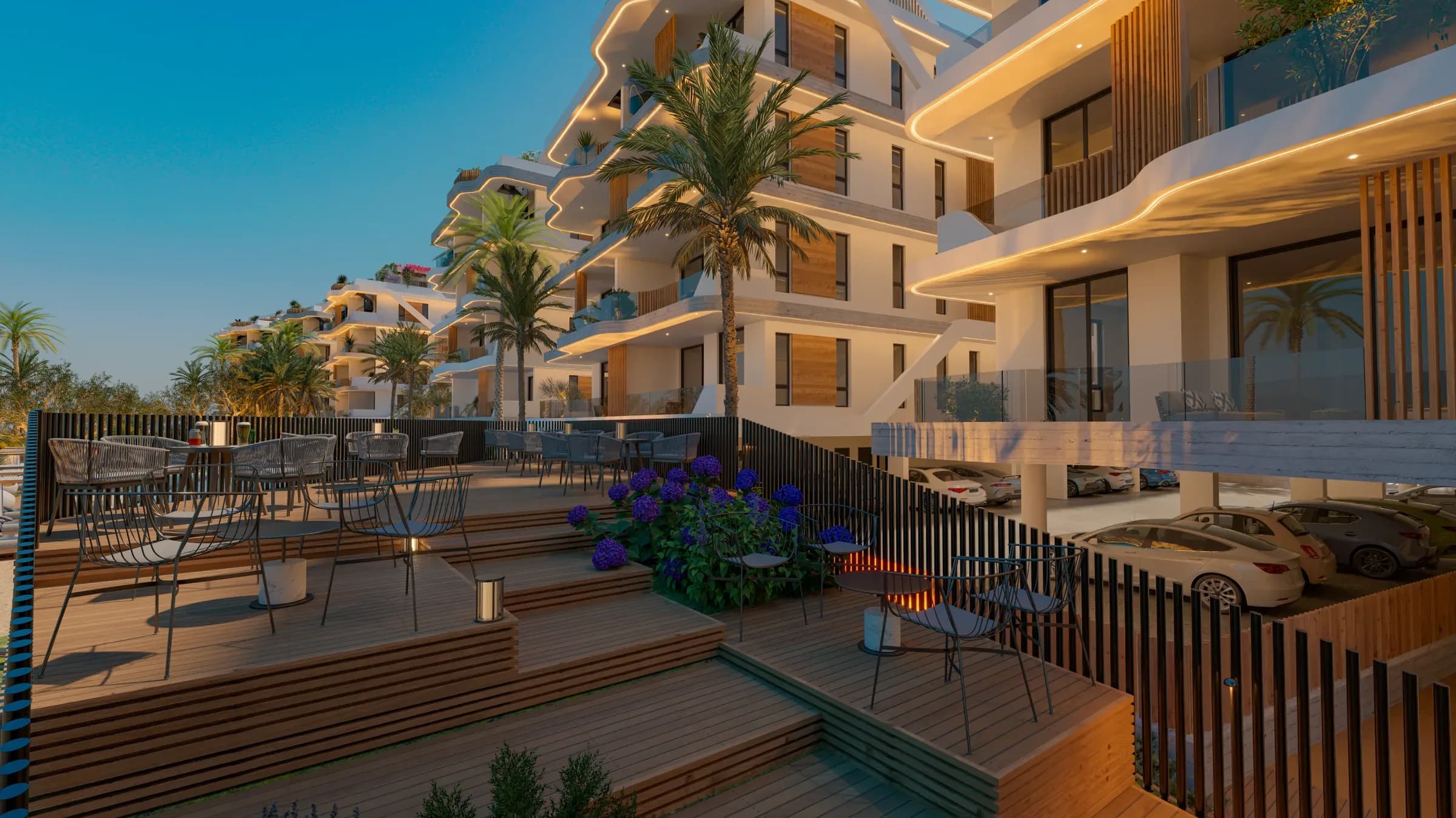 The planted terraces at 88 Residences at dusk