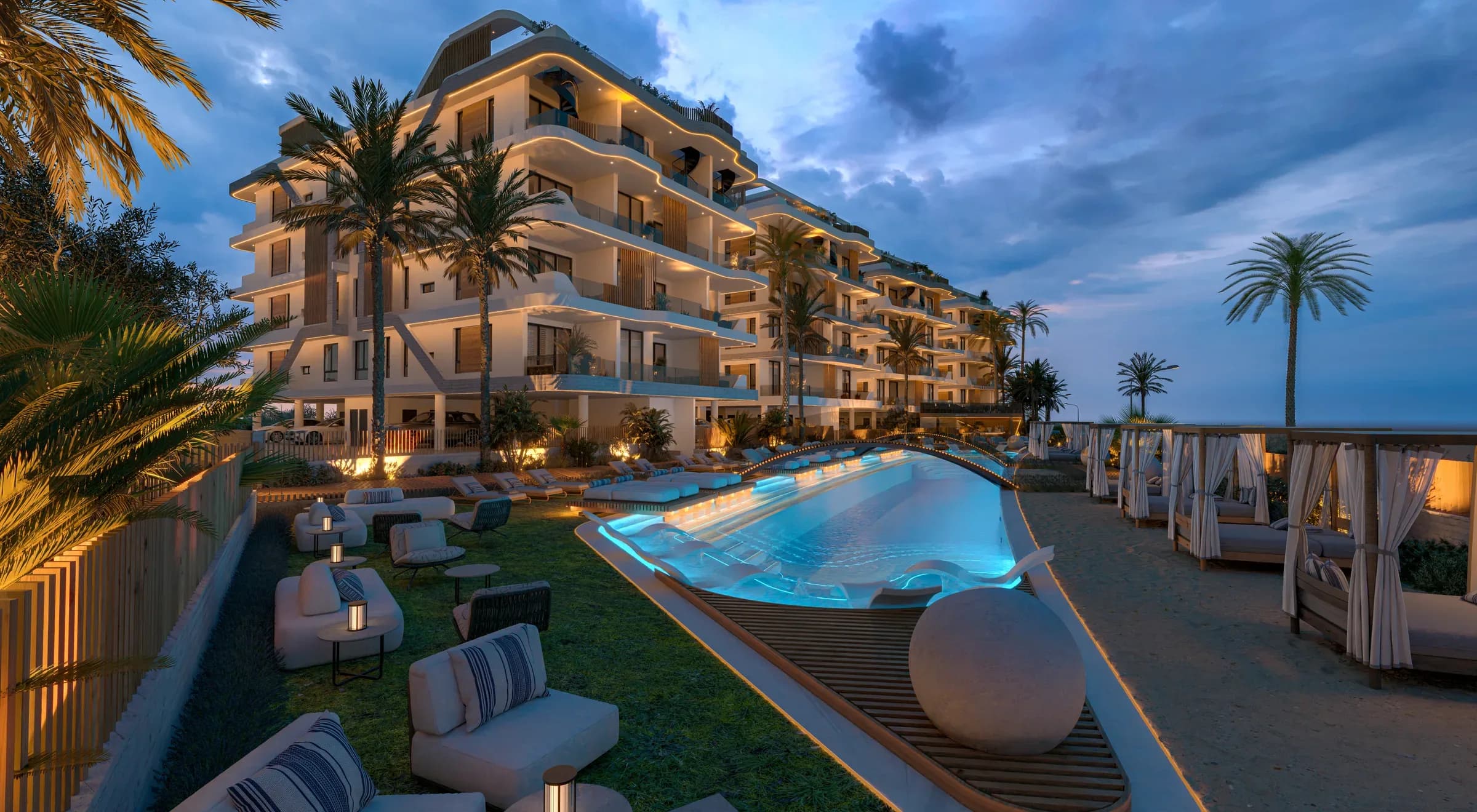 88 Residences at dusk, the buildings around the pool