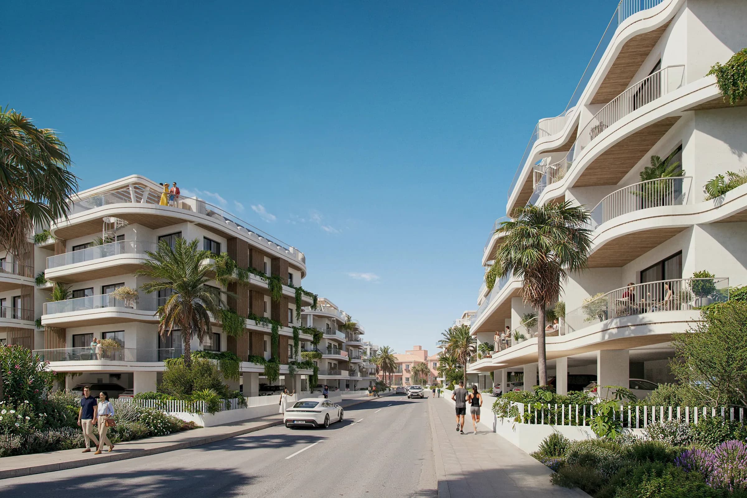 The street frontage at Zin Residences, with residents walking below the balconies
